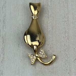 Vintage kitty cat brooch gold tone rhinestone